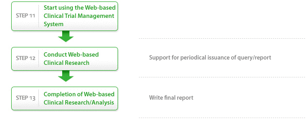 STEP 11 : Start using the Web-based Clinical Trial Management System / STEP 12 : Conduct Web-based Clinical Research – Support for periodical issuance of query/report / STEP 13 : Completion of Web-based Clinical Research/analysis – Write final report