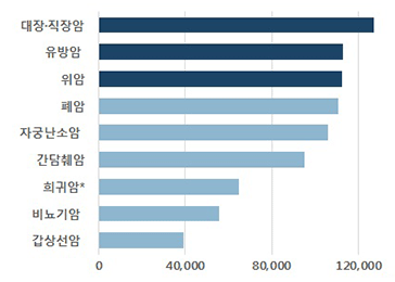 암 종류별 건수를 비교한 막대그래프. 대장·직장암이 약 12만 개로 가장 많고, 유방암과 위암이 약 11만 개 수준으로 뒤를 잇는다. 폐암과 자궁·난소암은 약 10만 개 내외이며, 간담췌암은 약 9만 개, 희귀암은 약 7만 개, 비뇨기암은 약 6만 개, 갑상선암은 약 4만 개로 가장 적다.