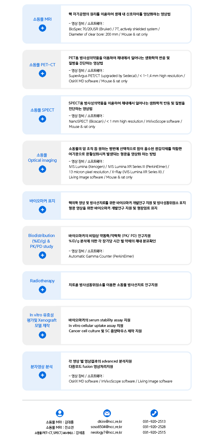 소동물 MRI, 소동물 PET-CT, 소동물 SPECT, 소동물 Optical imaging, 바이오마커 표지, Biodistribution & PK/PD study, Radiotherapy, In vitro 유효성 평가 및 Xenograft 모델제작, 분자영상 분석