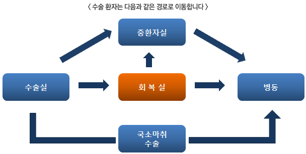 수술 환자는 다음과 같은 경로로 이동합니다 : 대부분의 수술환자는 수술시에서 회복실 병동으로 이동되나 환자의 상태 변화로 회복실에서 중환자실- 병동으로 이동할수 있음. 국소마취 환자는 수술 후 바로 병동으로 이동 함.