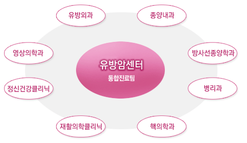 유방암센터 통합진료팀 : 유방외과, 종양내과, 방사선종양학과, 병리과, 핵의학과, 재활의학클리닉, 정신건강클리닉, 영상의학과