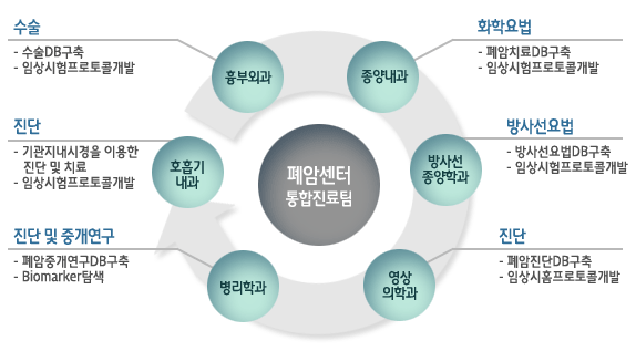 폐암센터 통합진료팀 흉부외과: 수술(수술 DB구축, 임상시험프로토콜개발), 종양내과 : 화학요법 (폐암치료 DB구축, 임상시험프로토콜개발), 호흡기내과: 진단(기관지내시경을 이용한 진단 및 치료, 임상시험프로토콜개발), 방사선종양학과 : 방사선요법(방사선요법 DB구축, 임상시험프로토콜개발), 병리학과 : 진단 및 중개연구 (폐암중개연구 DB구축, Biomarker 탐색), 영상의학과 : 진단(폐암진단 DB구축, 임상시홈프로토콜개발)