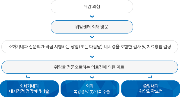 위암 의심→위암센터 외래방문→소화기내과 전문의가 직접 시행하는 당일(또는 다음날) 내시경을 포함한 검사 및 치료방법 결정→위암을 전문으로 하는 의료진에 의한 치료→소화기내과 내시경적 점막히박리술,외과 복강경/로봇수술, 종양내과 항암화학요법