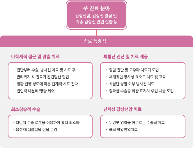 주 진료 분야(갑상선암, 갑상선 결절 및 각종 갑상선 관련 질환 등) 진료 특장점