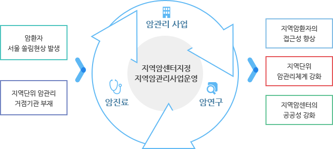 암환자 서울 쏠림 현상 발생, 지역단위 암관리 거점기관 부재/ 암진료, 암연구, 암관리사업/ 지역암센터 지정, 지역암관리사업 운영/ 지역암환자의 접근성 향상, 지역단위 암관리 체계 강화, 지역암센터의 공공성 강화