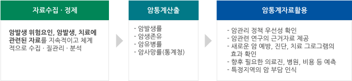 자료수집ㆍ정제 : 암발생 위험요인, 암발생. 치료에 관련된 자료를 지속적이고 체계적으로 수집ㆍ질관리ㆍ분석 → 암통계산출 : -암발생률 -암생존을 -암유병률 -암사망률(통계청) → 암통계자료활용 : -암관리 정책 우선성 확인 -암관련 연구의 근거자료 제공 -새로운 암 예방, 진단, 치료 프로그램의 효과 확인 -향후 필요한 의료진, 병원, 비용 등 예측 -암교육 홍보자료로 활용 -특정지역의 암 부담 의식