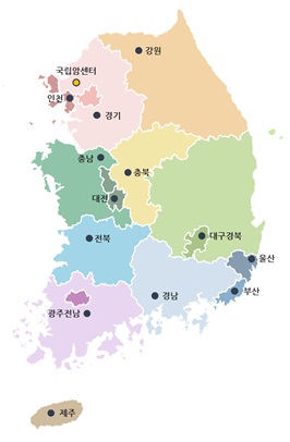 국립암센터 지역별 지정병원 위치 표시